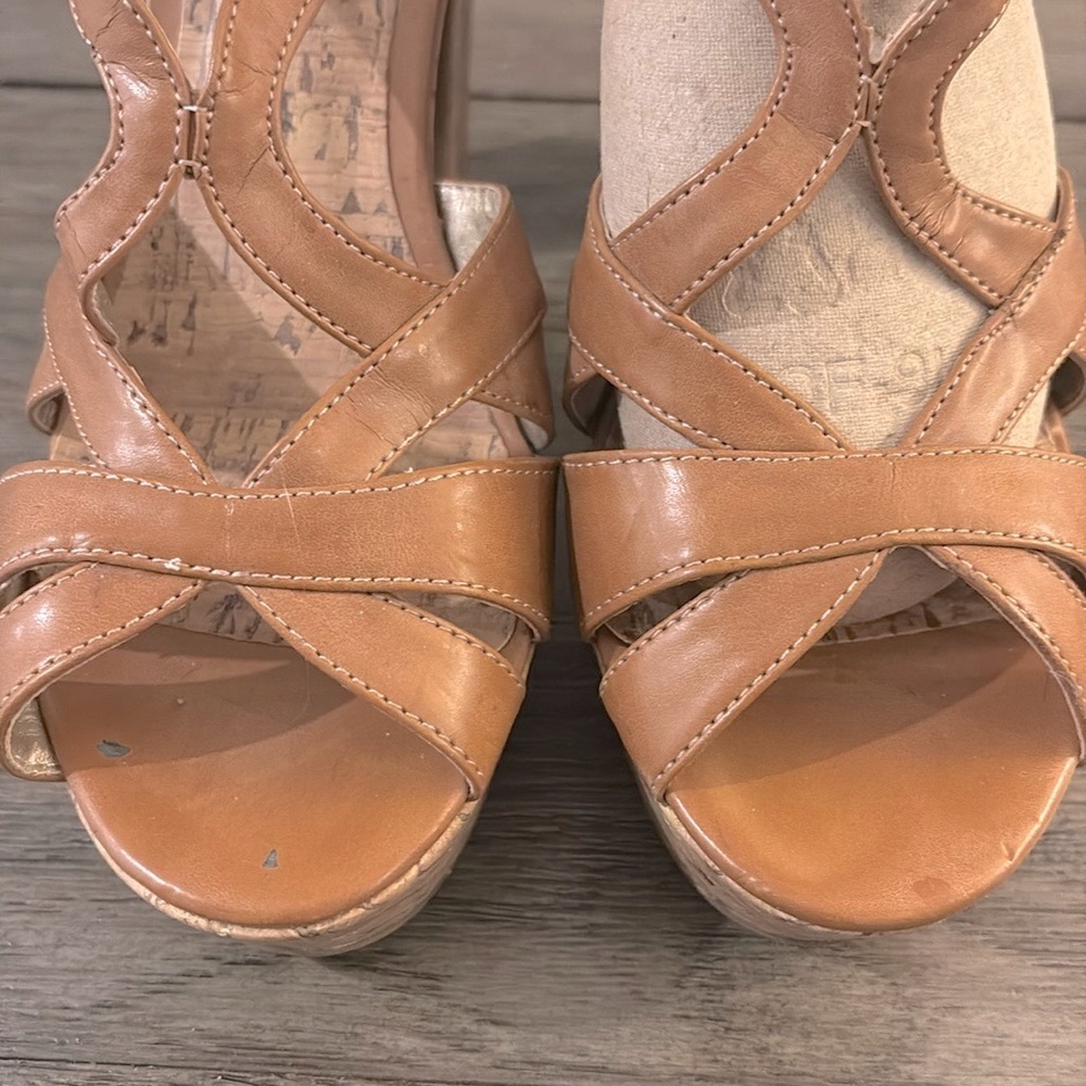 ❌SOLD❌ [G By Guess] Camel Cork Open-Toe Block Heel Platform Sandals Women’s 10.0 - Picture 6 of 13